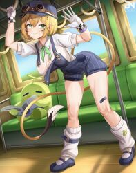 1girl artist_name bandaid bandaid_on_leg black_hair black_overalls black_shoes blonde_hair breasts button_gap checkered_gloves cleavage collared_shirt dooby_(vtuber) eyewear_on_headwear gloves green_eyes green_neckerchief highres indie_virtual_youtuber jnstudio kippu_(dooby) leaning_forward loose_socks multicolored_hair neckerchief overalls shirt shoes short_hair sitting smile socks streaked_hair striped_overalls train_conductor train_interior twitter_username virtual_youtuber white_gloves white_hair white_shirt white_socks window wooden_floor