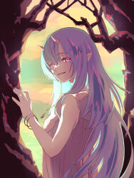 1girl bracelet demon_girl demon_horns dress fang from_behind gem highres horns jewelry long_hair looking_at_viewer looking_back necklace open_mouth osanpo1234 pink_dress pointy_ears purple_eyes purple_hair smile solitar_(sousou_no_frieren) solo sousou_no_frieren tree upper_body