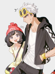 Rule 34 | 1boy, 1girl, absurdres, bag, black eyes, black hair, black shirt, collarbone, fua1heyvot4ifsr, glasses, guzma (pokemon), hat, highres, hood, hoodie, nintendo, pokemon, pokemon sm, red hat, selene (pokemon), shirt, short hair, watch, white hair, white shirt, yellow shirt