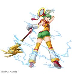 1girl arm_up artist_request ass copyright_notice dragon_kid electricity eyelashes full_body green_eyes green_hair green_shorts headband highres holding holding_staff huang_pao-lin official_art open_mouth phantom_of_the_kill red_headband red_shoes shirt shoes short_hair short_sleeves shorts simple_background smile solo staff standing superhero_costume teeth third-party_source tiger_&amp;_bunny upper_teeth_only white_background yellow_shirt