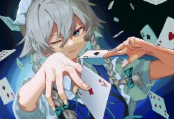 1girl absurdres ace_(playing_card) ace_of_diamonds ace_of_hearts ace_of_spades blue_eyes bow braid card closed_mouth club_(shape) commentary diamond_(shape) green_bow grey_hair hair_bow heart highres izayoi_sakuya long_hair looking_at_viewer maid maid_headdress one_eye_closed playing_card puffy_short_sleeves puffy_sleeves short_sleeves solo spade_(shape) symbol-only_commentary touhou touhou_lost_branch_of_legend tuck_(tuck23978434) twin_braids