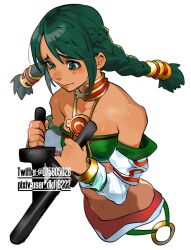 Rule 34 | 1girl, bare shoulders, black hair, braid, breasts, closed mouth, dark-skinned female, dark skin, holding, jewelry, long hair, midriff, mucha gorou, navel, simple background, small breasts, solo, soul calibur, talim, tonfa, twin braids, twintails, weapon, white background, yuriyuri (ccc)