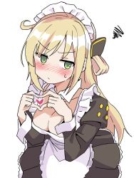 1girl ahoge alternate_costume apron black_dress blonde_hair blush breasts cleavage closed_mouth collarbone detached_collar dress enmaided frilled_apron frills green_eyes hair_ornament heart heart_hands highres long_hair maid maid_apron maid_headdress namou_(namorton09) puffy_sleeves sky_striker_ace_-_raye solo waist_apron white_apron yu-gi-oh! yu-gi-oh!_master_duel