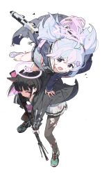 2girls absurdres ahoge animal_ears beads black_choker black_hair black_hoodie black_pantyhose blood blood_on_clothes blood_on_face blue_archive blue_hair bren_lmg cat_ears choker colored_inner_animal_ears colored_inner_hair extra_ears fuyubone grey_serafuku grey_skirt gun hair_beads hair_ornament halo highres holding holding_gun holding_weapon hood hoodie injury kazusa_(blue_archive) light_machine_gun long_hair long_sleeves machine_gun miniskirt multicolored_hair multiple_girls neckerchief open_mouth pantyhose pink_hair pink_halo pink_neckerchief pleated_skirt purple_eyes purple_hair red_eyes reisa_(blue_archive) sailor_collar school_uniform serafuku shoes short_hair skirt sneakers standard_manufacturing_dp-12 star_(symbol) star_hair_ornament star_halo torn_clothes torn_pantyhose twintails two-tone_hair weapon white_sailor_collar white_skirt