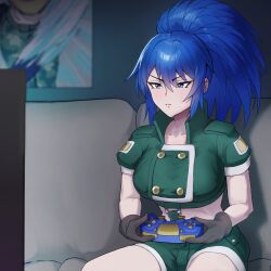 Rule 34 | 1girl, black gloves, blue eyes, blue hair, controller, game controller, gloves, green jacket, green shorts, handheld game console, highres, jacket, leona heidern, military, military uniform, playing games, ponytail, poopman, short sleeves, shorts, sitting, solo, the king of fighters, the king of fighters xv, video game