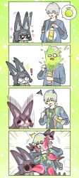 ! 1boy 1girl angry animal_ear_fluff animal_ears black_hair chibi ear_wiggle fox_ears fox_girl grey_hair highres hoshimi_miyabi jagos_(legocup) licking long_hair melon_soda no_mouth soda_bottle sparkling_eyes surprised sweatdrop wise_(zenless_zone_zero) zenless_zone_zero