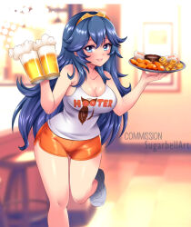 Rule 34 | 1girl, absurdres, alcohol, animal print, bar (place), bar stool, beer, beer mug, blue eyes, blue hair, blush, breasts, chicken (food), chicken wing, cleavage, clothes writing, collarbone, commission, cup, drink, employee uniform, fire emblem, fire emblem awakening, food, french fries, grin, hairband, highres, holding, holding beer, holding drink, holding food, holding tray, hooters, large breasts, long hair, looking at viewer, lucina (fire emblem), mug, nintendo, orange shorts, owl print, picture frame, print shirt, restaurant, shirt, shoes, shorts, smile, sneakers, standing, standing on one leg, stool, sugarbell, tank top, teeth, tray, waitress, white shirt, white shoes