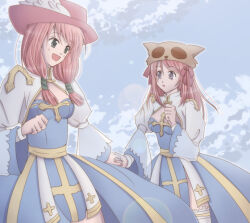 2girls arch_bishop_(ragnarok_online) blue_dress blue_sky blush bow breasts cleavage cleavage_cutout clothing_cutout cloud commentary_request cowboy_shot cross dated_commentary day dress fedora frilled_thighhighs frills green_eyes grey_eyes hair_bow hair_tubes hat holding_hands juliet_sleeves long_hair long_sleeves looking_at_viewer medium_breasts multiple_girls open_mouth outdoors pink_bow pink_hair pink_hat plume puffy_sleeves raccoon_hat ragnarok_online sash sharari sidelocks sky smile thighhighs two-tone_dress white_dress white_thighhighs yellow_sash