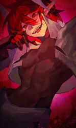 1boy abs absurdres aotu_world black_gloves black_shirt covered_navel cropped_jacket feng1shiwolaopowa gloves hair_between_eyes hand_up headgear highres jacket looking_at_viewer male_focus open_clothes open_mouth pectorals pius_(aotu_world) pointy_ears red_eyes red_hair red_theme sharp_teeth shirt short_hair skin_tight smile solo teeth toned toned_male white_jacket