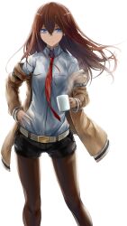 1girl arm_belt belt black_pantyhose black_shorts breast_pocket breasts brown_hair brown_jacket collared_shirt cup hair_between_eyes hair_over_shoulder hand_on_own_hip highres holding holding_cup jacket jacket_partially_removed leather_belt long_hair looking_at_viewer makise_kurisu necktie pantyhose pocket purple_eyes purple_trim red_necktie science_adventure shirt shorts small_breasts smile solo steam steins;gate tomtom_h1 white_belt white_shirt