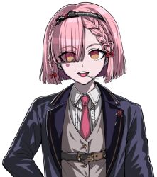 1girl blue_suit bob_cut bow_hairband braid candy chest_belt eyes_visible_through_hair facial_mark flat_chest food formal_clothes hair_over_one_eye hairband heart heart_facial_mark jin_(pineeeapple) komatsuzaki_rui_(style) lollipop lollipop_in_mouth looking_at_viewer medium_hair necktie nijisanji nijisanji_en open_mouth parody pink_necktie ringed_eyes rosemi_lovelock rosemi_lovelock_(5th_costume) simple_background solo straight-on style_parody suit virtual_youtuber white_background