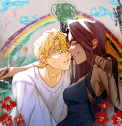 1boy 1girl absurdres alien_stage arm_around_shoulder black_tank_top blonde_hair brown_hair closed_eyes commentary crayon_drawing cup dark-skinned_female dark_skin flower german_commentary highres holding holding_cup hyuna_(alien_stage) long_hair luka_(alien_stage) onemu_0928 red_flower shirt short_hair smile tank_top white_shirt yellow_eyes