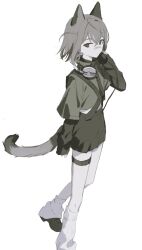 1girl animal_ears bandaid bandaid_on_face bandaid_on_nose black_eyes black_shoes black_skirt cat_ears cat_girl cat_tail closed_mouth crossed_bangs grey_hair hai_(haihki) hair_between_eyes headphones headphones_around_neck highres layered_sleeves leg_warmers long_sleeves original shirt shoes short_hair simple_background skirt sleeves_past_wrists solo tail thigh_strap white_background white_leg_warmers