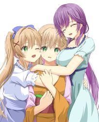 3girls :d :t ;d ^_^ arm_around_waist arms_around_neck back_bow between_breasts blonde_hair blue_bow blue_dress blue_skirt blush bow breast_press breast_smother breasts bright_pupils clenched_hands closed_eyes commentary cowboy_shot dress dual_persona embarrassed eyelashes eyes_visible_through_hair face_to_breasts frilled_shirt frilled_sleeves frills furrowed_brow green_eyes hair_between_eyes hair_bow hair_intakes hair_ornament half_updo hands_up happy head_between_breasts height_difference high-waist_skirt highres hug japanese_clothes kimono large_breasts long_hair long_sleeves low_ponytail medium_breasts mizuori_shizuku mochimugi_rice multiple_girls obi official_alternate_costume one_eye_closed open_mouth orange_kimono ponytail puffy_short_sleeves puffy_sleeves purple_hair red_sash sash shirt short_sleeves sidelocks simple_background skirt smile spoilers summer_pockets sweatdrop tsumugi_wenders twintails very_long_hair wavy_mouth white_background white_bow white_pupils white_shirt wide_sleeves x_hair_ornament