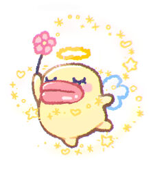 1119mna angel blush_stickers chibi chibi_only closed_eyes colored_skin commentary_request creature creature_focus flower halo heart highres holding holding_wand no_humans simple_background sparkle star_(symbol) tamagotchi tamagotchi_(classic) tamagotchi_(creature) taraten thick_lips traditional_halo wand white_background wings yellow_skin
