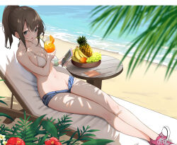 1girl absurdres banana beach bikini blue_eyes blue_shorts breasts commentary_request cup flower food fruit gibun_(sozoshu) grapes green_eyes highres holding holding_cup looking_at_viewer medium_breasts navel ocean open_fly open_mouth original pineapple red_flower red_shoes sand shoes short_shorts shorts sitting solo summer swimsuit thighs white_bikini