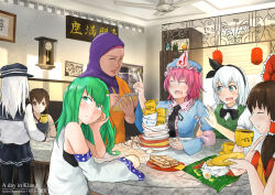 6+girls absurdres akagi_(kancolle) akijk6 cup dessert detached_sleeves food green_eyes green_hair hakurei_reimu hibiki_(kancolle) highres holding holding_cup indoors kantai_collection kochiya_sanae konpaku_youmu malaysia multiple_girls nontraditional_miko restaurant saigyouji_yuyuko short_hair smile table touhou triangular_headpiece