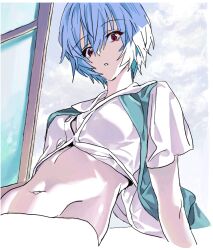 1girl ayanami_rei blue_hair navel neon_genesis_evangelion nobita_(makoto7060355) red_eyes solo stomach window