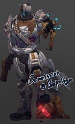 1boy armor bara boop_dega destiny_(game) disembodied_head faceless faceless_male gun handgun helm helmet highres holding holding_weapon humanoid_robot joints male_focus muscular muscular_male no_humans original pauldrons red_eyes robot robot_joints shell_casing shoulder_armor solo watermark weapon white_armor