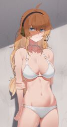 against_wall ahoge arms_behind_back bare_arms bare_legs bare_shoulders bikini blonde_hair blue_eyes blush breasts choker cleavage closed_mouth collarbone commentary cowboy_shot ear_protection english_commentary expressionless hair_between_eyes hair_over_shoulder headphones headset highres indie_virtual_youtuber large_breasts long_hair looking_to_the_side messy_hair microphone navel o-ring o-ring_bikini o-ring_bottom o-ring_top sedai shaded_face shadow sideways_glance standing stomach swimsuit virtual_youtuber whiskey_project white_bikini white_choker