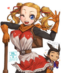 1boy 1girl :3 amania_orz blonde_hair breasts closed_mouth dragon_quest dragon_quest_builders_2 earrings female_builder_(dqb2) gloves hair_horns hair_pulled_back hair_ribbon highres holding hoop_earrings jewelry long_hair looking_at_viewer low_ponytail necklace one_eye_closed open_mouth pointy_ears ponytail red_eyes ribbon shirt sidoh_(dqb2) simple_background skirt smile spiked_hair tooth_necklace twintails white_background