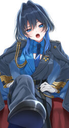 1girl absurdres belt black_belt blue_coat blue_eyes blue_hair blue_jacket blue_necktie blue_pants blue_shirt chain chain_earrings cleavage_cutout clothing_cutout coat coat_on_shoulders collared_shirt colored_inner_hair commentary ear_chain english_commentary foot_up gloves hair_intakes hands_on_own_hips highres hololive hololive_english jacket linked_piercing looking_at_viewer medium_hair military_jacket military_uniform mogu_(au1127) multicolored_hair multicolored_jacket necktie official_alternate_costume official_alternate_hairstyle open_mouth ouro_kronii ouro_kronii_(4th_costume) pants piercing shirt shoe_soles simple_background sitting solo two-tone_hair two-tone_jacket virtual_youtuber white_background white_gloves wolf_cut