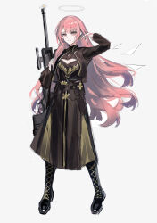 1girl absurdres arknights arm_up black_boots black_jacket black_shirt black_skirt boots chinese_commentary cleavage_cutout closed_mouth clothing_cutout commentary_request full_body grey_background gun hair_lift halo hand_in_own_hair highres holding jacket lemuen_(arknights) long_hair long_sleeves looking_at_viewer pink_eyes pink_hair rifle shirt simple_background sketch skirt smile sniper_rifle solo standing traditional_halo weapon white_halo zhishi_mao_tiao