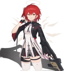 1girl arknights bajigurr black_gloves black_jacket black_shorts closed_mouth corrupted_twitter_file crop_top cropped_jacket cropped_legs crossed_bangs detached_wings earrings exusiai_(arknights) exusiai_the_new_covenant_(arknights) fingerless_gloves gloves grey_halo gun hair_between_eyes halo hand_up highres holding holding_gun holding_weapon jacket jewelry long_sleeves looking_at_viewer one_side_up shirt short_hair short_shorts shorts simple_background smile solo standing thigh_strap thighhighs traditional_halo weapon white_background white_shirt white_thighhighs wings yellow_eyes