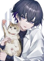 1boy animal black_hair black_sweater cat colored_inner_hair commentary_request daifuku_mame_(kageroudt33) hair_between_eyes highres holding holding_animal holding_cat jacket jewelry looking_at_viewer male_focus multicolored_hair necklace open_clothes open_jacket original paw_print piercing purple_eyes purple_hair signature solo sweater tongue tongue_out twitter_username two-tone_hair white_jacket