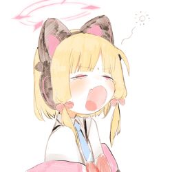 1girl animal_ear_headphones animal_ears blonde_hair blue_archive blue_necktie blush cat_ear_headphones collared_shirt commentary fake_animal_ears fang hair_ribbon half-closed_eyes halo headphones momoi_(blue_archive) necktie open_mouth red_ribbon ribbon shinbashi_seiji shirt simple_background solo squeans symbol-only_commentary tongue upper_body white_background white_shirt yawning