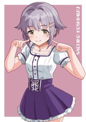 1girl brown_eyes character_name collarbone frilled_skirt frills hair_flaps hair_intakes hair_ornament hairclip high-waist_skirt highres idolmaster idolmaster_cinderella_girls illustscody jewelry koshimizu_sachiko light_smile looking_at_viewer necklace puffy_short_sleeves puffy_sleeves purple_hair purple_skirt purple_trim shirt short_sleeves skirt solo white_shirt