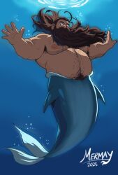 Rule 34 | 1boy, armpit hair, armpit hair peek, bara, beard, beard over mouth, brown hair, dungeon meshi, facial hair, fat, fat man, fins, full beard, hairy, highres, huge pectorals, long beard, looking at viewer, male focus, mature male, merman, mermay 2025, monster boy, monsterification, mustache, nipples, nude, senshi (dungeon meshi), skylar (omariape), solo, sparse chest hair, thick beard, thick eyebrows, thick mustache, thick navel hair, underwater, very long beard