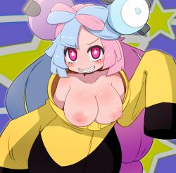 Rule 34 | 1girl, alternate breast size, bare shoulders, black jacket, blue hair, blush, bow-shaped hair, breast focus, breasts, breasts out, character hair ornament, clenched teeth, collarbone, flashing, functionally nude, gen 1 pokemon, hair ornament, hanging breasts, iono (pokemon), jacket, large breasts, light blue hair, long sleeves, looking at viewer, magnemite, miyazero, multicolored hair, multicolored jacket, nintendo, no bra, no shirt, nude filter, oversized clothes, pink eyes, pink hair, pokemon, pokemon sv, presenting, puffy areolae, puffy nipples, revision, sharp teeth, shooting star, sleeves past fingers, sleeves past wrists, smile, solo, split-color hair, star (symbol), star in eye, star symbol background, sweat, symbol in eye, teeth, third-party edit, twintails, two-tone hair, two-tone jacket, unusual pupils, v-shaped eyebrows, yellow jacket