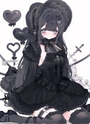 1girl balloon black_bow black_dress black_hair black_hat black_ribbon black_shoes black_thighhighs blush bottle bow breasts butterfly_hair_ornament chain commentary commission cross cross_hair_ornament cross_ornament double-parted_bangs dress frilled_dress frills grey_eyes hair_bow hair_ornament hat heart heart_balloon highres long_hair long_sleeves looking_at_viewer mary_janes neck_ribbon original parted_lips perfume_bottle ribbon shishamosama shoes sideboob sitting skeb_commission solo stuffed_animal stuffed_toy sword teddy_bear thigh_strap thighhighs very_long_hair wariza weapon white_background