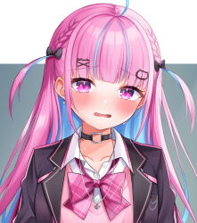 1girl ahoge black_bow black_choker blazer blue_hair bow bowtie braid breast_pocket buttons choker collarbone collared_shirt colored_inner_hair commentary earrings fanged_bangs furrowed_brow grey_background hair_bow hair_ornament hairclip half_up_braid head_tilt heart heart_earrings hololive hoshino_reiji jacket jewelry looking_at_viewer minato_aqua minato_aqua_(school_uniform) multicolored_hair necklace nervous_sweating o-ring o-ring_choker official_alternate_costume pink_bow pink_bowtie pink_eyes pink_hair pink_sweater plaid_bow plaid_bowtie plaid_clothes pocket purple_jacket shirt single_earring solo streaked_hair sweat sweater two-tone_background two-tone_hair two_side_up upper_body virtual_youtuber white_background white_shirt x_hair_ornament