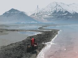 Rule 34 | 1girl, armchair, black hair, briefcase, chair, dithering, green jacket, hand on own knee, jacket, knees up, mountain, mountainous horizon, notfuji, on ground, on rock, original, outdoors, overcast, painterly, radio tower, scenery, shore, sitting, sky, solo, very wide shot, water