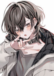 1boy :o absurdres black_choker black_hair blush brown_eyes choker collarbone commentary ear_piercing fangs grey_shirt hair_between_eyes hand_up highres jacket long_sleeves looking_at_viewer male_focus open_clothes open_jacket open_mouth original piercing shirt short_hair simple_background solo suzaku_(zaku6584) sweatdrop upper_body white_background white_jacket