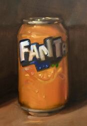 Rule 34 | can, commentary, drink, drink can, english commentary, fanta, food focus, highres, no humans, noah verrier, oil painting (medium), original, painting (medium), soda can, still life, traditional media