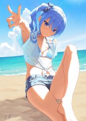 alternate_costume barefoot beach bikini bikini_under_clothes blue_bikini blue_eyes blue_hair blue_nails blue_sky denim denim_shorts feet flat_chest grin hair_ornament hair_scrunchie highres hololive hoshimachi_suisei looking_at_viewer makimaki_makky7 micro_shorts ocean outstretched_arm scrunchie shirt shore shorts side_ponytail sitting sky smile swimsuit tied_shirt v virtual_youtuber white_shirt