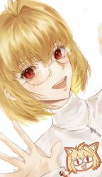 1girl absurdres arcueid_brunestud blonde_hair blush eyewear_strap glasses highres long_sleeves looking_at_viewer neco-arc open_mouth pppeipeipipi red_eyes short_hair simple_background smile solo sweater tsukihime turtleneck upper_body white_background