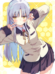 Rule 34 | 1girl, akayama yukihe, angel beats!, black skirt, blush, border, buttons, closed mouth, collared shirt, commentary, cowboy shot, double v, eyes visible through hair, frown, hair between eyes, hands up, highres, jacket, jitome, leaning to the side, long hair, looking at viewer, miniskirt, neck ribbon, outside border, pleated skirt, ribbon, school uniform, shirt, sidelocks, simple background, skirt, sleeves past wrists, solo, straight hair, tachibana kanade, v, white border, white hair, white shirt, yellow background, yellow eyes, yellow jacket, yellow ribbon
