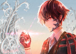 1boy black_gloves blood_bead brown_hair code_vein collared_shirt gloves hair_over_one_eye half_gloves highres louis_(code_vein) male_focus partially_fingerless_gloves red_eyes rey_(kila_saint) shirt short_hair solo white_shirt