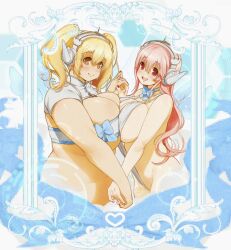 Rule 34 | 2girls, artist name, blonde hair, blue bow, blush, bow, bowtie, breast press, breast strap, breasts, brown eyes, cleavage, from side, headphones, heart, holding hands, huge breasts, interlocked fingers, jorii l33, large breasts, long hair, medium hair, multiple girls, nitroplus, open mouth, picture frame, pink hair, plump, red eyes, red nails, shrug (clothing), slingshot swimsuit, smile, standing, super pochaco, super sonico, swimsuit, symmetrical docking, twintails, white background, white shrug, white slingshot swimsuit, wings