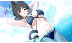 1girl animal_ears bikini black_hair blue_archive dutch_angle halo kikyou_(blue_archive) navel short_hair swimsuit tail wading
