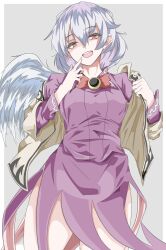 1girl absurdres bow bowtie commentary_request grey_background grey_hair highres jacket kakineko kishin_sagume long_sleeves looking_at_viewer open_mouth purple_shirt purple_skirt red_bow red_bowtie red_eyes shirt short_hair simple_background single_wing skirt solo teeth touhou upper_teeth_only white_wings wings