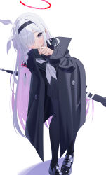 1girl absurdres black_choker black_coat black_eyes black_hairband black_sailor_collar black_serafuku blue_archive blush braid choker coat colored_inner_hair commentary ekidona english_commentary hair_over_one_eye hairband halo heart heart_halo highres long_sleeves looking_at_viewer multicolored_hair neckerchief pink_hair pink_halo plana_(blue_archive) red_halo red_pupils sailor_collar school_uniform serafuku simple_background single_braid skirt solo umbrella_gun white_background white_choker white_hair white_neckerchief
