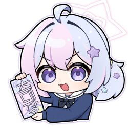 1girl ahoge black_neckerchief blue_archive blue_hair blue_shirt chibi chibi_only commentary_request cropped_torso hair_ornament halo highres holding korean_commentary long_sleeves looking_at_viewer multicolored_hair neckerchief open_mouth outline pink_halo purple_eyes purple_hair purple_outline reisa_(blue_archive) shirt simple_background solo star_(symbol) star_hair_ornament translation_request tyjang white_background