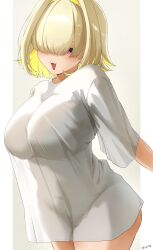 1girl absurdres artist_name blonde_hair breasts commentary_request cowboy_shot elegg_(nikke) goddess_of_victory:_nikke hair_over_eyes highres large_breasts long_bangs no_pants open_mouth purple_eyes shirt short_hair shupita simple_background solo t-shirt white_background white_shirt