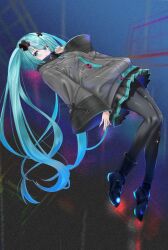 1girl aqua_eyes aqua_hair aqua_nails bandaid bandaid_on_leg batsu_miku black_boots black_pantyhose blush boots grey_jacket hair_between_eyes hair_ornament hatsune_miku highres jacket kowareta_sekai_to_utaenai_miku long_hair long_sleeves looking_at_viewer official_alternate_costume open_mouth pantyhose project_sekai solo turtleneck turtleneck_jacket twintails very_long_hair wide_sleeves x_hair_ornament yukihane_(snowowl515)