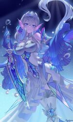 1girl absurdres arm_fins blue_eyes blush breasts closed_mouth detached_sleeves dress duel_monster fins fish_girl gem grey_dress grey_hair hair_between_eyes head_fins highres holding holding_sword holding_weapon kitkallos_(yu-gi-oh!) large_breasts long_hair long_sleeves looking_at_viewer pearl_(gemstone) rare_lemon silver_tiara sleeves_past_wrists solo sword tearlaments_kitkallos tearlaments_rulkallos very_long_hair weapon yu-gi-oh!